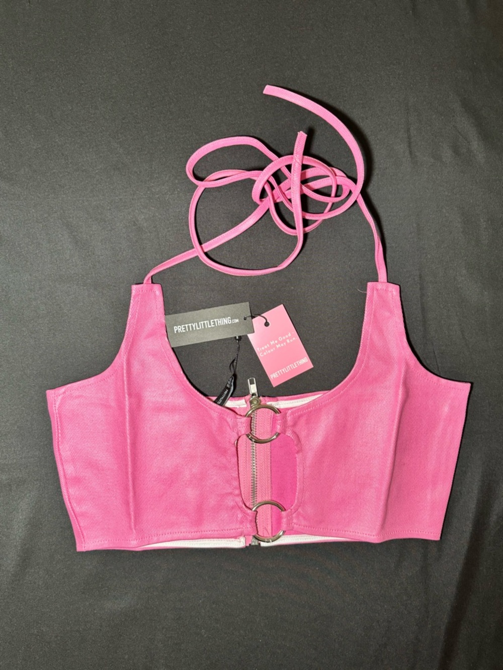 PrettyLittleThing Hot Pink Halter Zip Ring Crop Top- Small Size 6